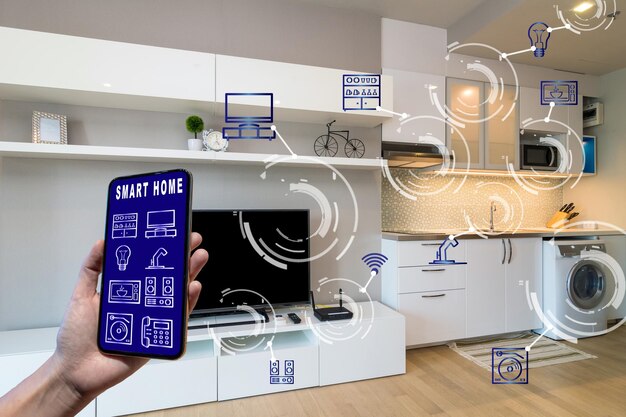 Smart home augmented reality technology concept hand holding smart phone 41418